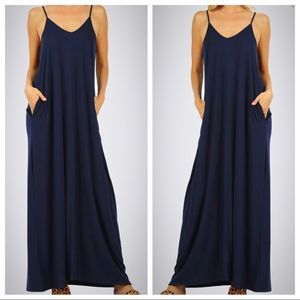 ZENANA PREMIUM PLUS SIZE V NECK MAXI DRESS IN NAVY SIZE 1X